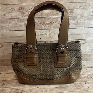 Coach Brown and Tan Signature Shoulder Bag